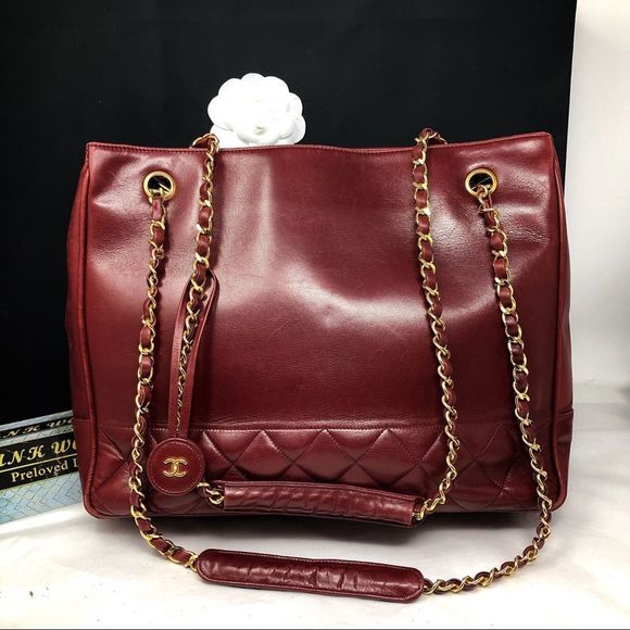Sold Chanel Vintage CC Quilted Chain Lambskin Leather Tote Shoulder Bag